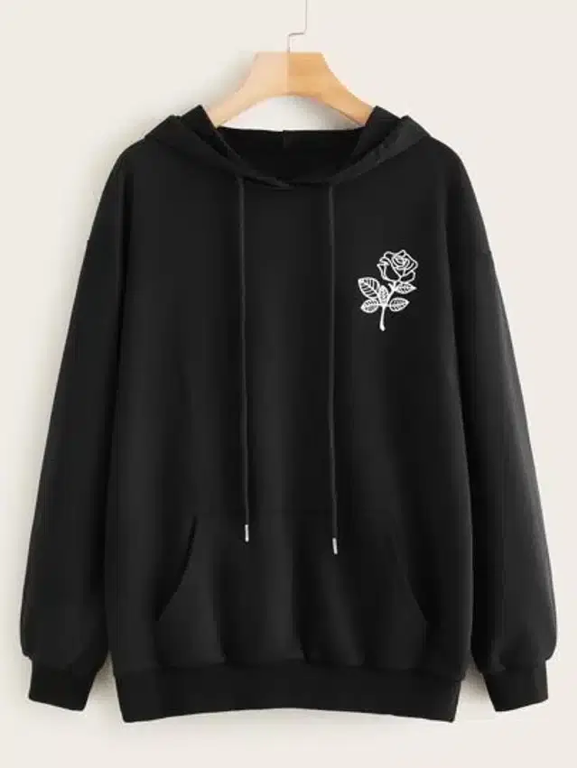 Fleece Self-Design Hoodies for Women (Black, XL)