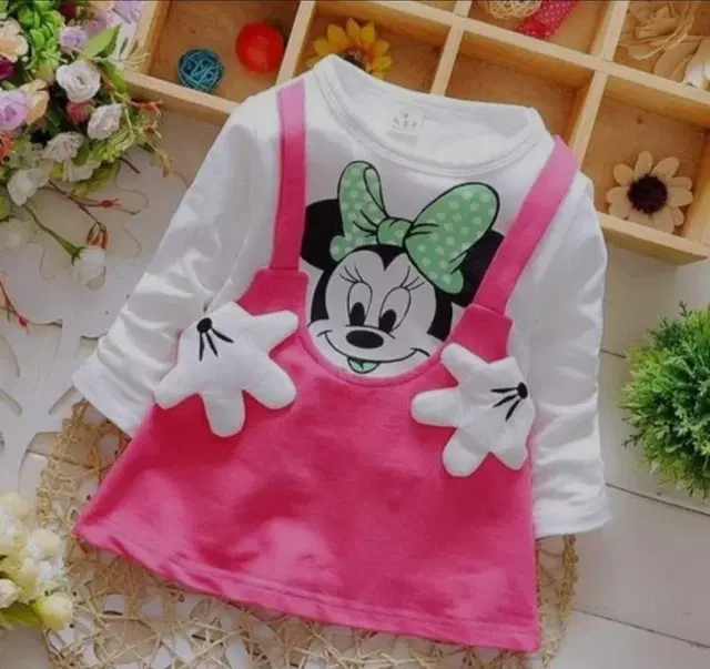 Cotton Blend Printed Frock for Girls (White & Pink, 9-12 Months)