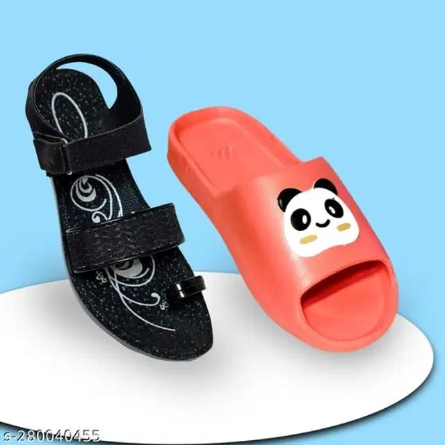 Floaters with Sliders for Women, Pack of 2 (Black & Pink, 5)