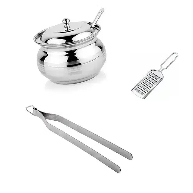 Stainless Steel Cheese Grater, Ghee Pot & Chimta, Combo of 3
