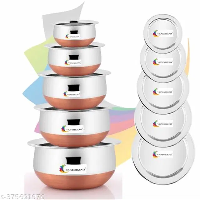 Stainless Steel Copper Bottom Handi Pot Set with Lid, Silver, Set of 5