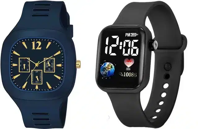Analog with Smartwatch Combo for Men, Pack of 2 (Blue & Black)