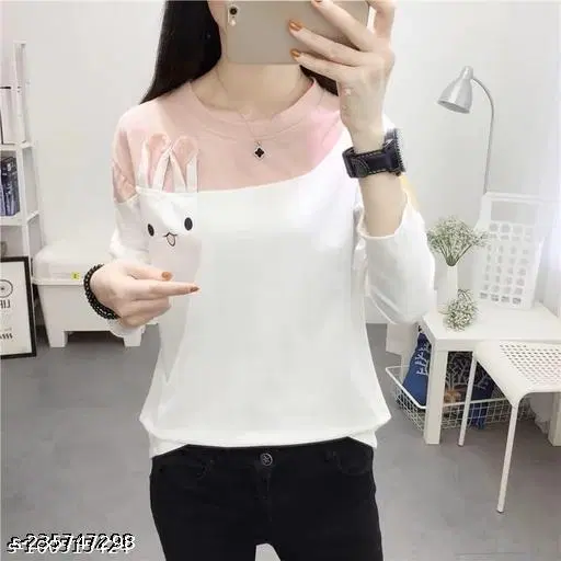 Cotton Blend Printed T-Shirt for Women, White & Pink (S)