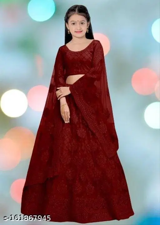 Embroidered Lehenga Choli for Women (Maroon, 11-12 Years)