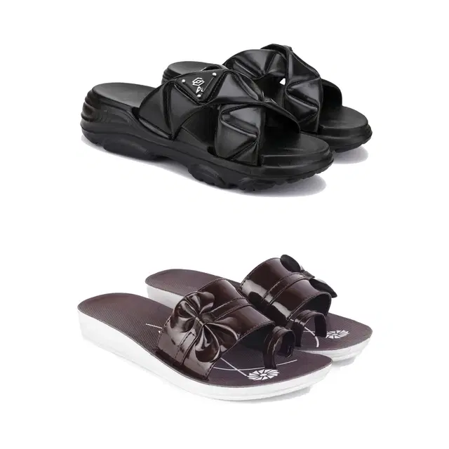 Combo of Sliders & Flats for Women, Set of 2 (Multicolor, 6)