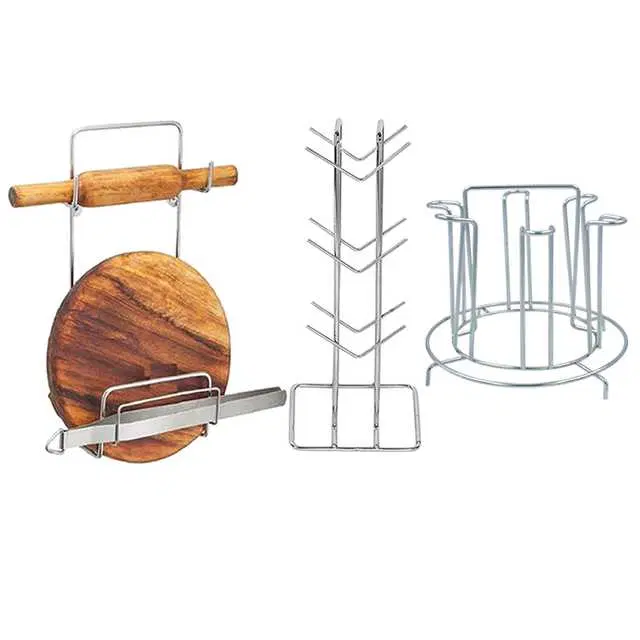 Stainless Steel Cup Stand Cup Holder & Glass Stand & Chakla Belan Stand For Kitchen, Set of 3, OC-045