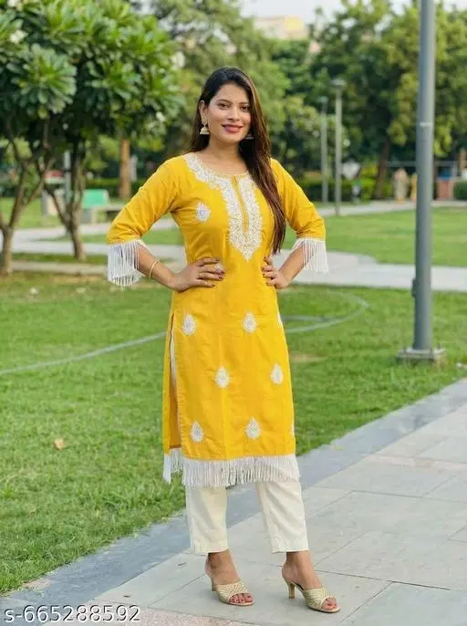 Embroidered Rayon Womens kurta sets Yellow, (Size: XL)