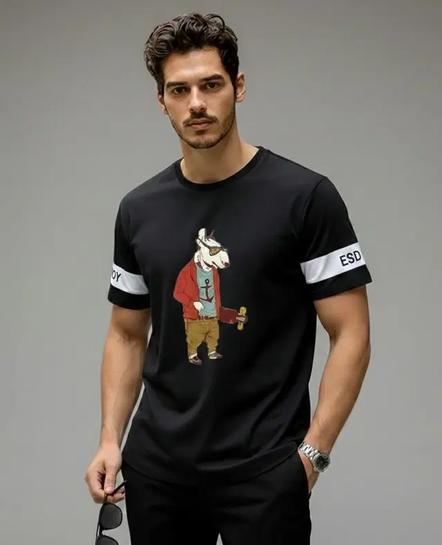 Polyester Printed T-shirt for Men, Black (XL)
