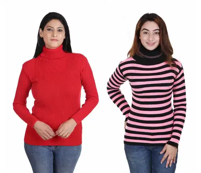 Full Sleeves Solid Sweater for Women, Pack of 2 (Red & Pink, S)