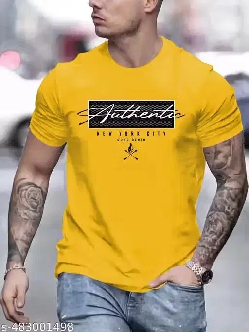 Round Neck Solid T-shirts for Men ( Yellow,M)