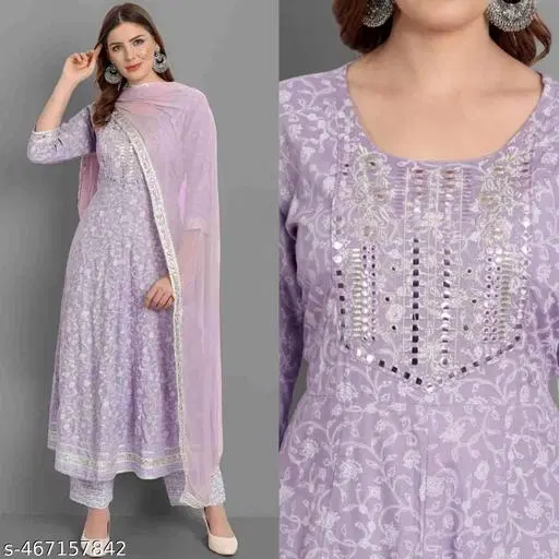 Rayon Embroidered Kurti with Pant & Dupatta Set for Women, Lavender (S)