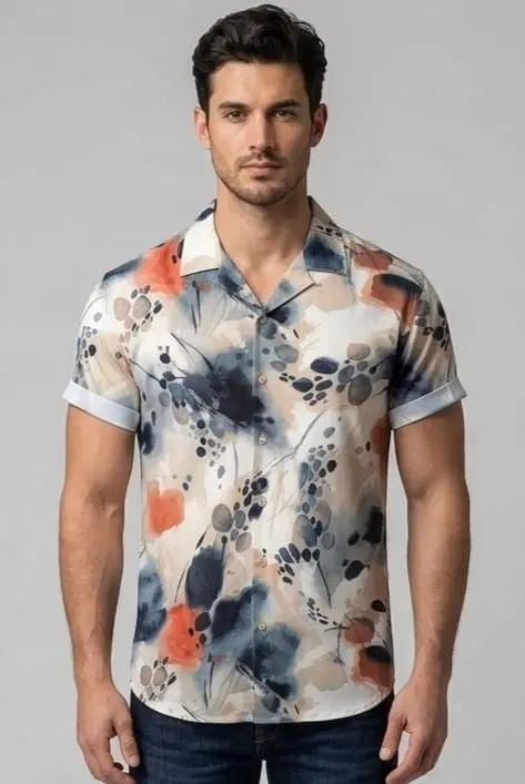 Geometric Print Cotton Shirt for Men (Multicolor, S)