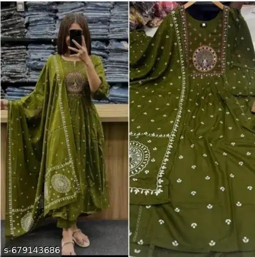 Printed Acrylic Kurta Set for Women (Green, M)