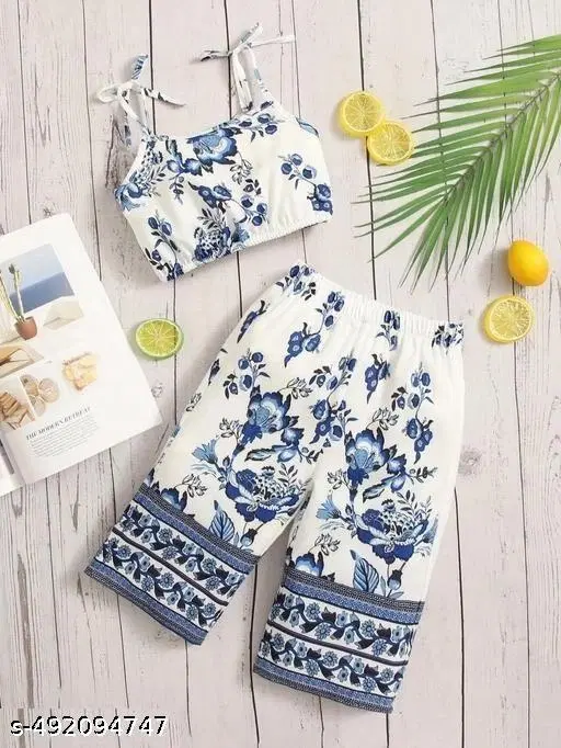 Rayon Slub Printed Clothing Set for Girls, White, Pack of 1 (12-18 Months)