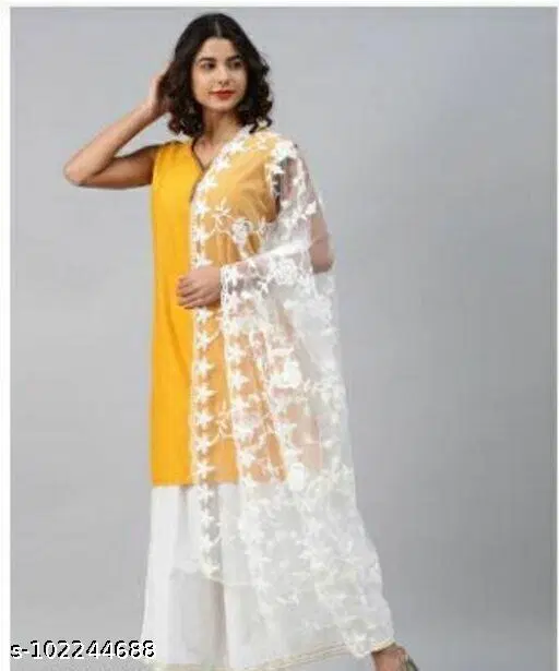 Embroidered Banarasi Net with Aari Work Sewing & Embroidery (White, Free Size)