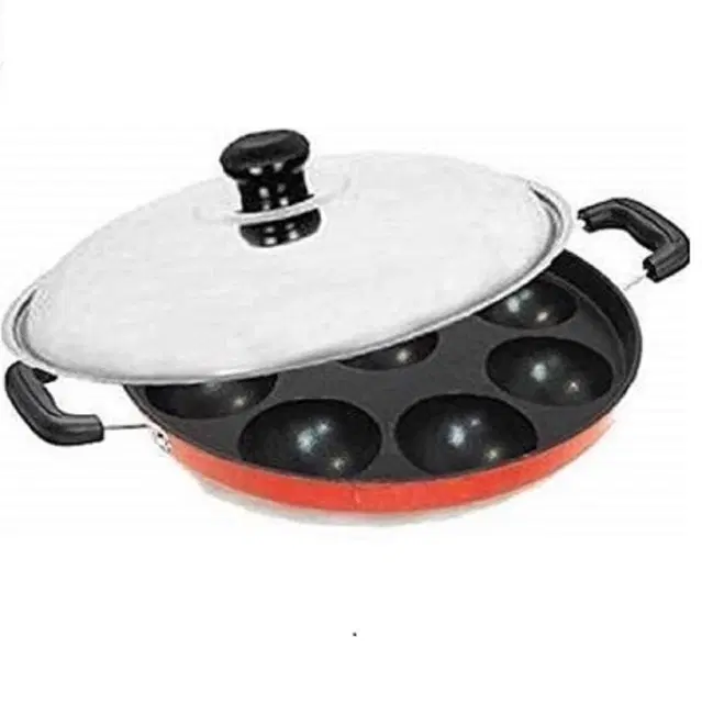 ZODEX 12 Cavities Non Stick Appam Patra with Lid and Side Handle, Multicolor, 21 cm