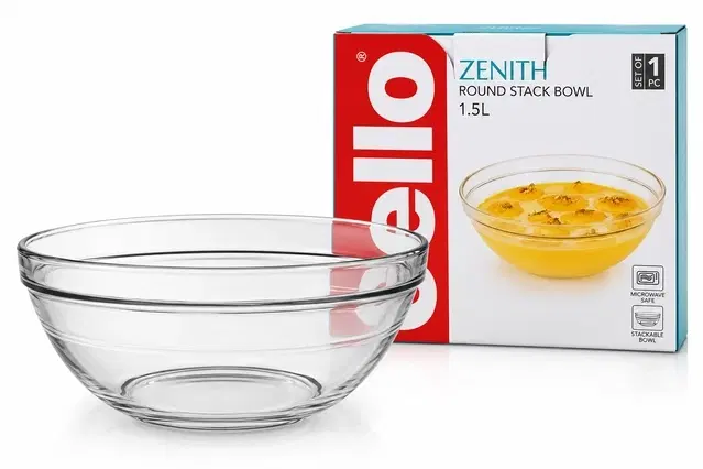 Cello Zenith Glass Bowl, 1500 ml | Pack Of 1 | Lead-Free Toughened Glass | Microwave & Dishwasher Safe | Serving Bowl For Soup, Dessert, Salad & Snacks