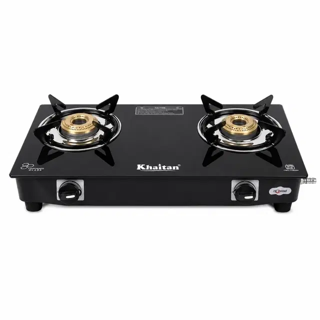 Khaitan 2 Burner Bp Nano Ms Black Toughened Glass Manual Gas Stove [2 Burners]