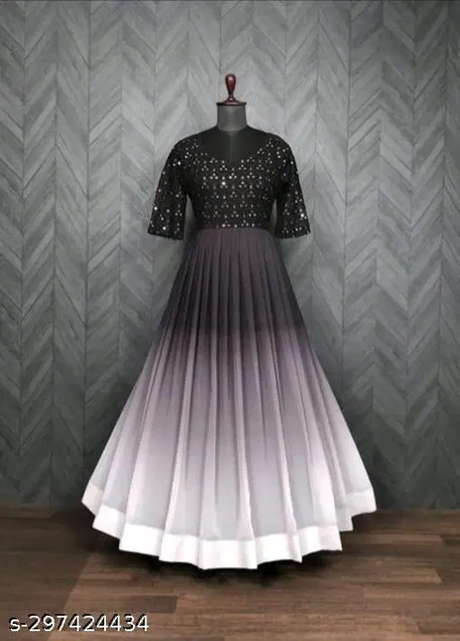 Embellished Maxi Gown with Mirror Work for Women (Black, L)