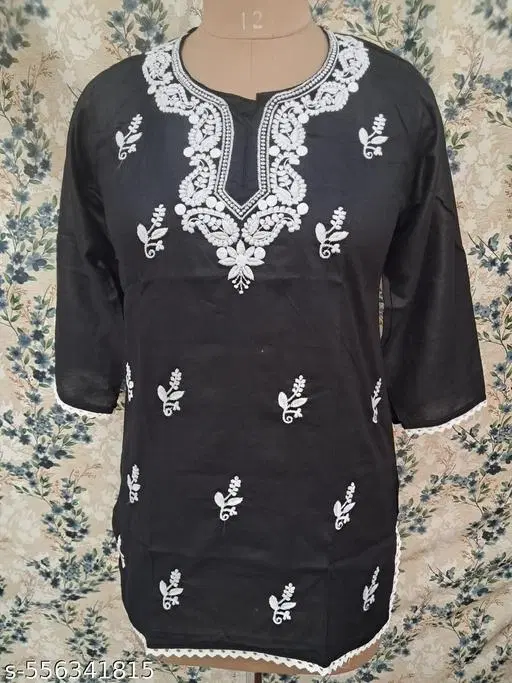 Cotton Chikankari Short Kurti for Women, Black (XXL)