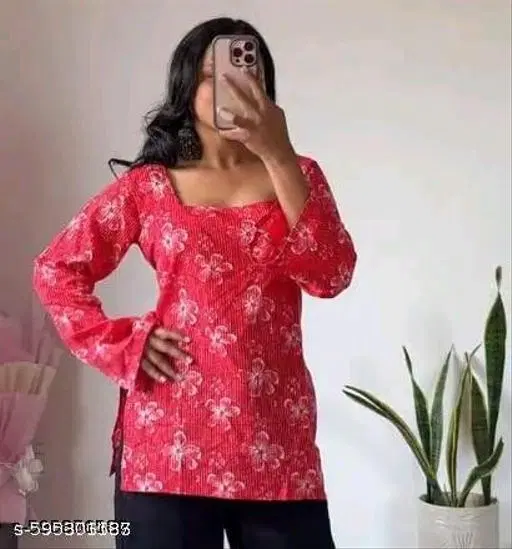 Rayon Printed Short Kurti for Women, Red (S)