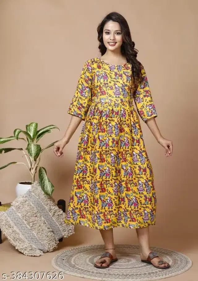 Rayon Printed Fidding Kurti for Women (Mustard, M)