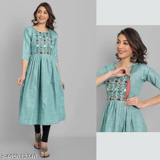 Botanical Embroidered Maternity Kurti (Blue, XL)