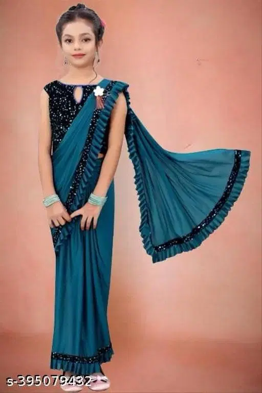 Lycra Solid Saree for Girls (Teal, 7-8 Years)