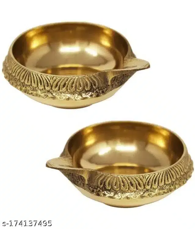 Brass Designer Diya, Golden, Pack of 2