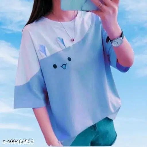 Cotton Blend Printed T-Shirt for Women, Sky Blue (S)