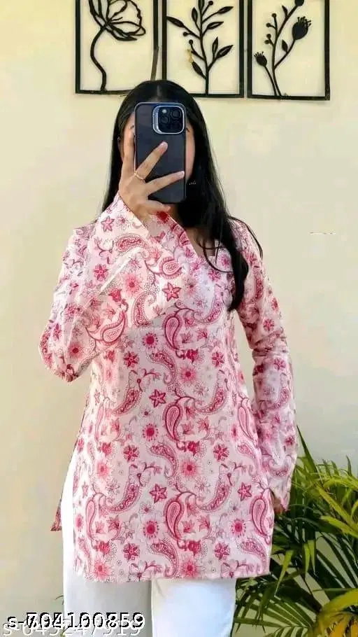 Rayon Printed Short Kurti for Women, Pink (XL)