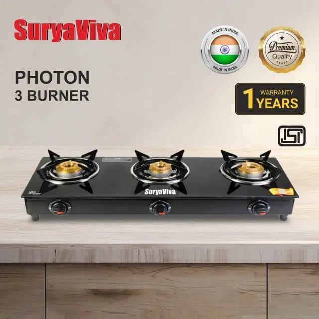 SURYAVIVA 3B Photon Bk Toughened 3 Cast Iron (Manual,Black) Glass Manual Gas Stove (3 Burners)