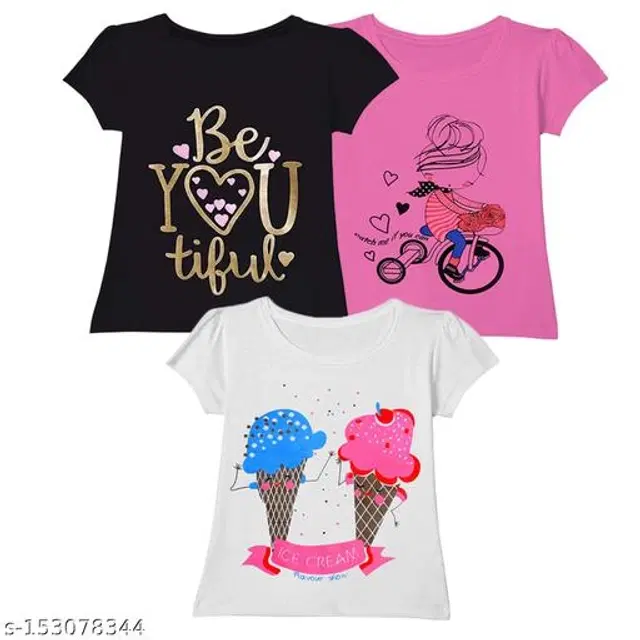 Round Neck Printed T-Shirt for Girls, Pack of 3 (Multicolor, 18-24 Months)
