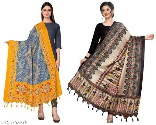 Printed Khadi Cotton Dupatta with Tassels for Women, Pack of 2 (Multicolor, One Size)