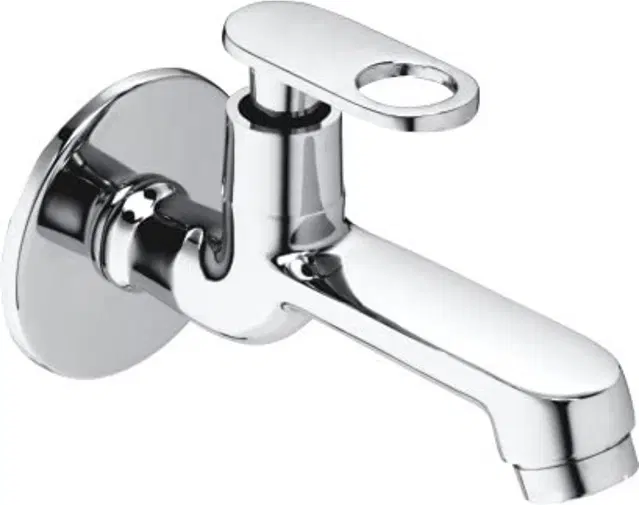 Brass Long Body Bib Cock Tap with Wall Flange, Silver, Set of 1