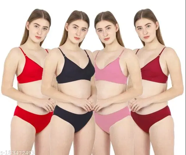 Cotton Blend Solid Lingerie Set for Women, Pack of 4 (Multicolor, 34B)
