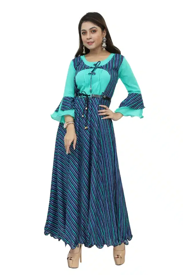 Three Quarter Sleeves Gown for Girls (Blue, 11-12 Years)