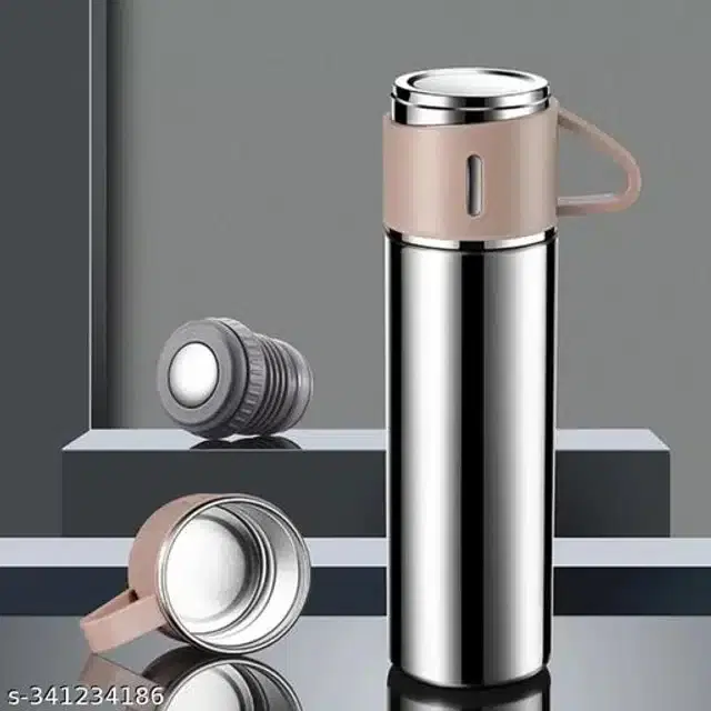 Stainless Steel Water Bottle with 2 Pcs Cups, Silver, Set of 2