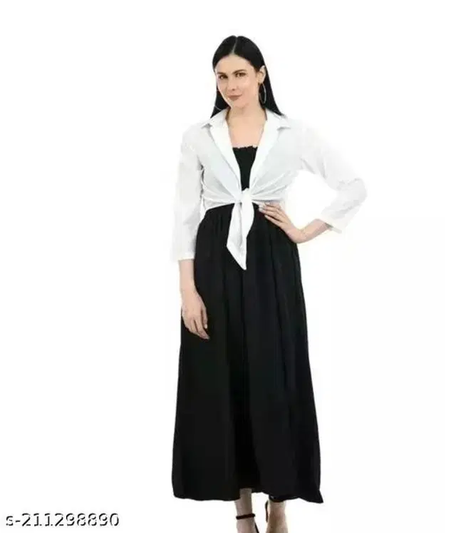 Poly Crepe Dress for Women (Black & White, M)