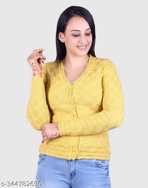 Acrylic Solid Sweater for Women (Yellow, XL)