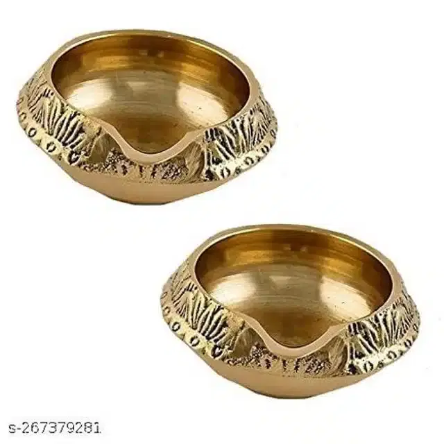 Brass Engraved Design Diya, Gold, Pack of 2