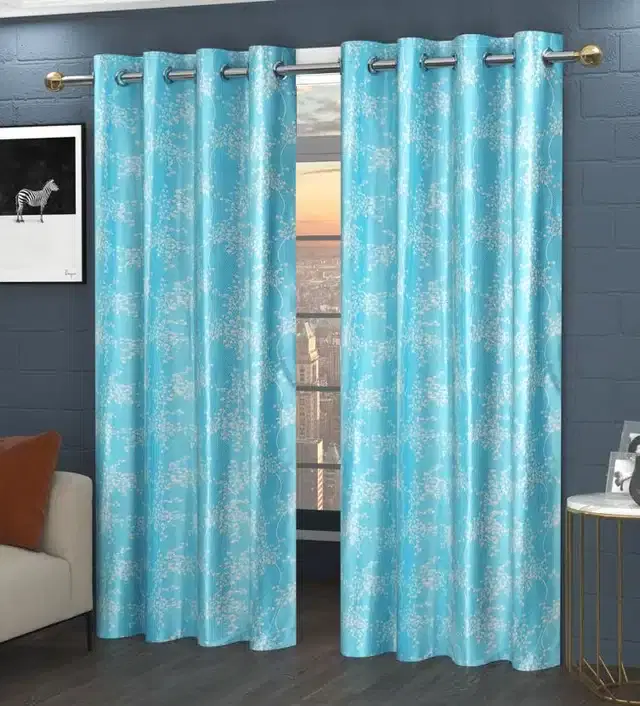 Printed Window & Door Curtains, Pack of 2, Aqua Blue, 5 feet