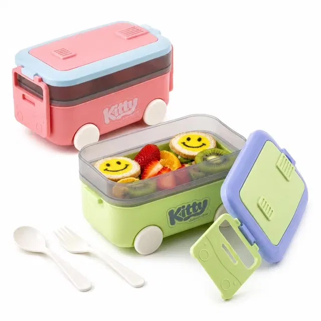 Cute Bus Shape Lunch Box For Kids, With Spoon & Fork, Leakproof Lunch Box For School, Bpa Free Food Storage Container For Boys & Girls, Portable Snack Lunch Box For Kids (Multicolor)