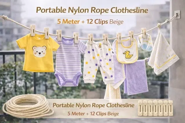 Portable Nylon Rope Clothesline 5 Meter + 12 Clips Beige