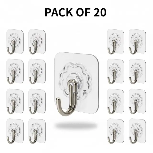 Plastic Wall Hooks, Transparent (Pack of 20)