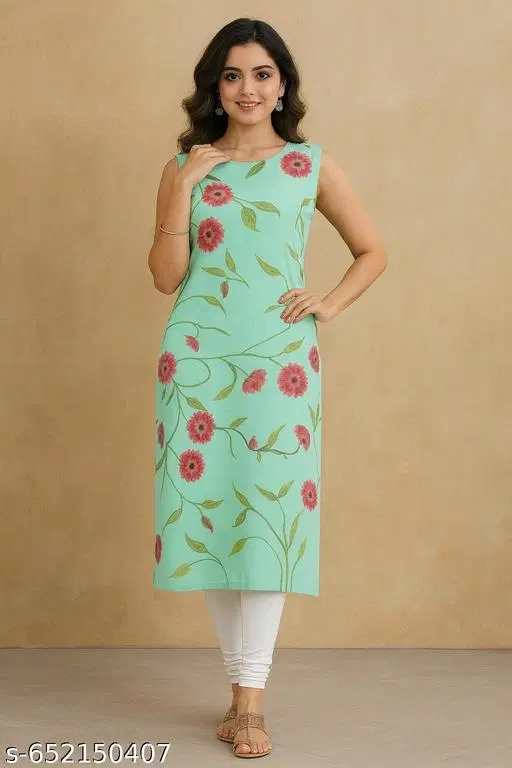 Floral Printed Kurti for Women (Green, S)