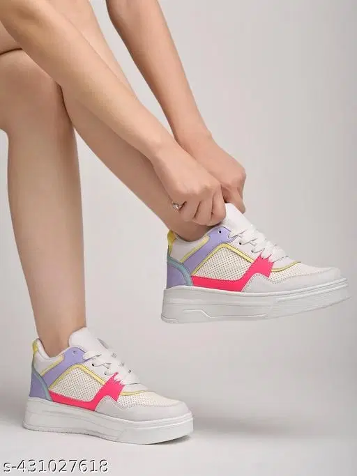 Colorblocked Mesh Sneakers for Women (White, IND-4)