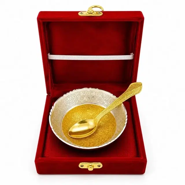 Decorative Brass Silver Gold Serving Bowl Spoon In Velvet Gift Box, For Gifting, Wedding And Diwali