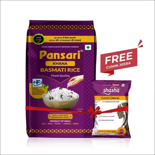 Pansari Khana Pulao Basmati Rice (Extra Long Grain) 5 Kg Free Shasha Jeera Inside The Pack 100 g