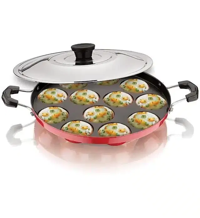 12 Cavities Non-Stick Appam Maker Pan with Steel Lid, Red, 26 cm